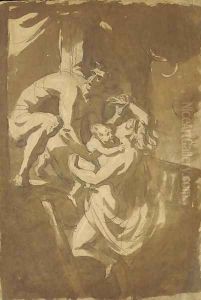 A couple with a child escaping from a burning house by Jean Baptiste Greuze