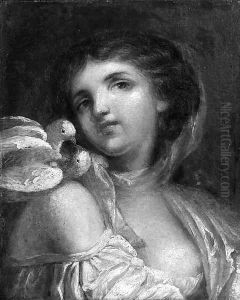 A Young Girl, Small Bust-Length, With Pigeons Perched On Her Right Shoulder by Jean Baptiste Greuze