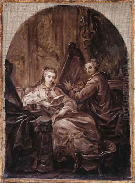 An interior with a man playing a harp and a woman reading beside him - view 1