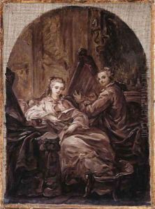 An interior with a man playing a harp and a woman reading beside him by Jean Baptiste Greuze