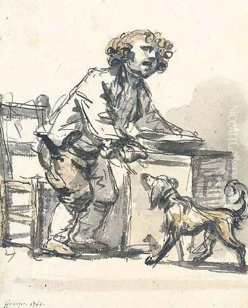 L'enfant gate A boy standing at a table feeding a dog with a spoon - view 1
