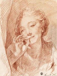 A young woman appearing behind a curtain, her hand at her mouth by Jean Baptiste Greuze