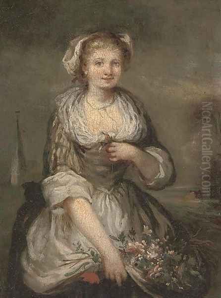 Portrait of a girl, three-quarter-length, with a bunch of flowers - view 1
