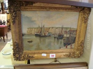 Boats In Harbour With White Cliffs Behind by John White Abbott
