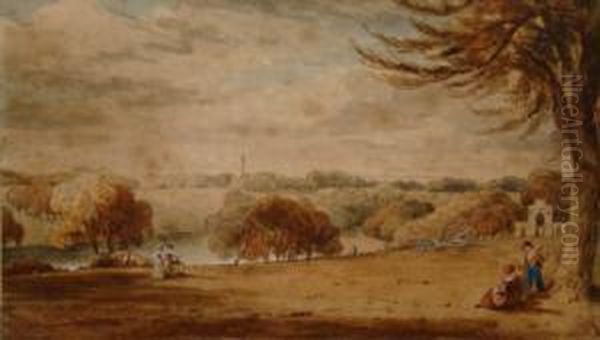 A Country House Landscape Garden With Figures, Lake, Temples And Stagecoach And Horses. - view 1