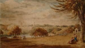 A Country House Landscape Garden With Figures, Lake, Temples And Stagecoach And Horses. by John White Abbott