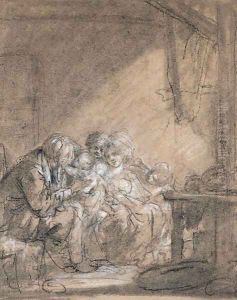 A mother and her children visited by an elderly lady by Jean Baptiste Greuze