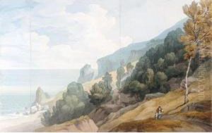 Babbacombe, Devon, With A Woman
And Child On A Road Above The Cliffs, A Cottage Amongst Trees by John White Abbott