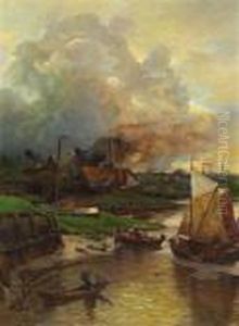 Fischerboote Am Ufer Mitder Stadtsilhouette Von Antwerpen Im Hintergrund