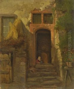 Hauseingang Mit Spielendem Kind by Andreas Achenbach
