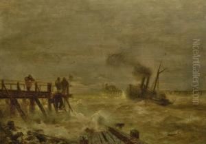 Dampfschiff Bei Einer Landungsbrucke In Sturmischer See