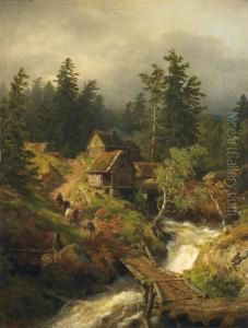 Bergige Landschaft Mitbach Und Wassermuhle by Andreas Achenbach