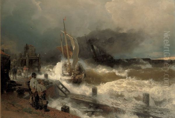 A Fishing Boat And A Steamer In Rough Seas - view 1