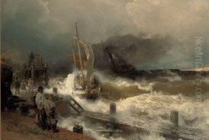 A Fishing Boat And A Steamer In Rough Seas by Andreas Achenbach