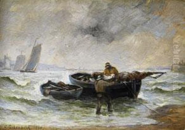 Zwei Fischer Beim Entladen Eines Bootes Mit Eingerollten Segeln - view 1