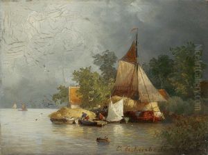 Flusslandschaft Mit Lastenkahnen by Andreas Achenbach