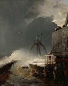 Leuchtschiff Bei Tosender See by Andreas Achenbach