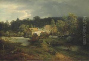 The Watermill In The Village by Andreas Achenbach