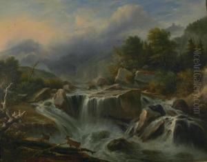 Gebirgsbach Mit Rotwild. by Andreas Achenbach