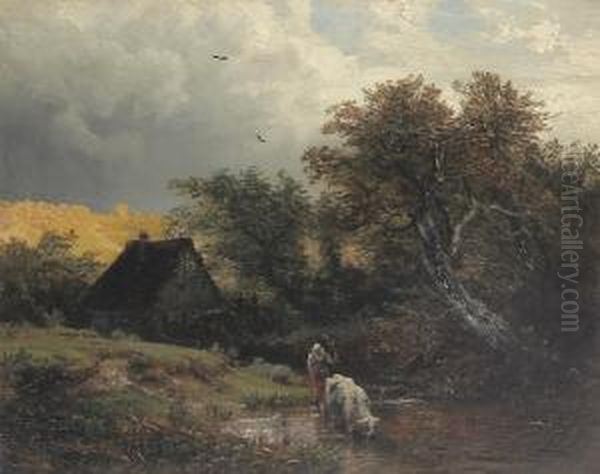 Hirtin Mit Kuh An Der Tranke, Im Hintergrund Ein Bauerngehoft - view 1