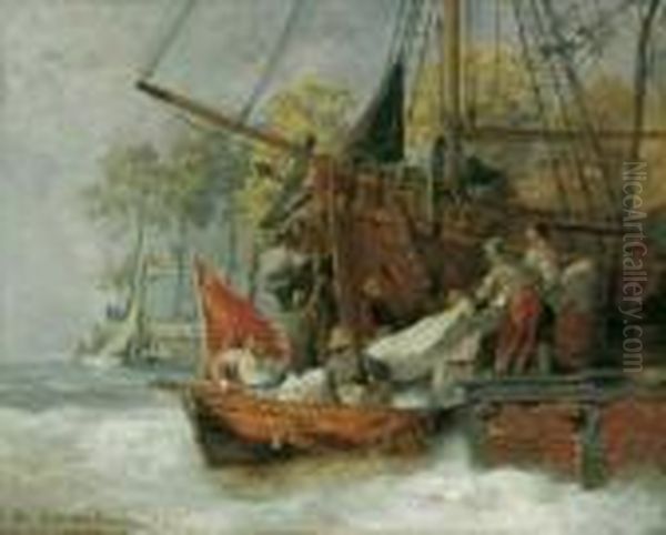 Hafeneinfahrt Bei Sturmischer
See. Signiert Und Datiert Unten Links: A. Achenbach 76. Ol Auf Holz. H
37; B 46 Cm. - view 1