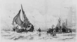 Beim Entladen Des Fischfangs. by Andreas Achenbach