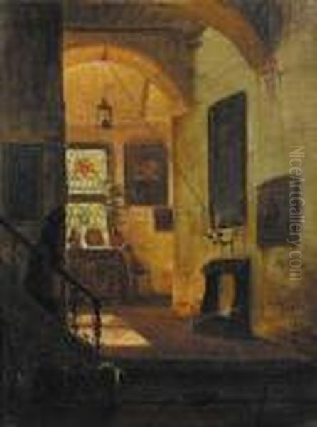 A Sunlit Interior With A Servant Coming Down The Stairs - view 1