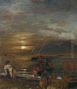 Die Bucht Von Neapel Im Mondschein by Oswald Achenbach