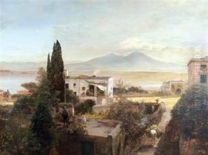 Neapolitan Rooftops With Mt. Vesuvius In The Distance by Oswald Achenbach