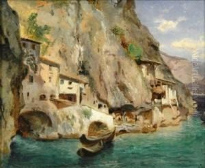 Fishermen's Huts On A Steep Southern Coast by Oswald Achenbach