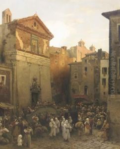 A Procession In Palestrina, Italy by Oswald Achenbach