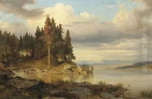 Calm Autumn Day By A Lake, Hills In The Distance