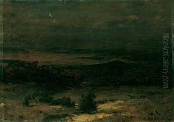 Nachtliche Landschaft Mit Der
Sichel Des Neumondes. Signiert Unten Rechts: Osw. Achenbach. Datiert
Unten Links: 30/10.71. Ol Auf Holz. H 28; B 38 Cm. - view 1