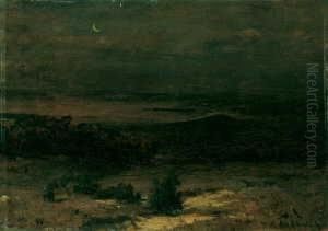 Nachtliche Landschaft Mit Der
Sichel Des Neumondes. Signiert Unten Rechts: Osw. Achenbach. Datiert
Unten Links: 30/10.71. Ol Auf Holz. H 28; B 38 Cm. by Oswald Achenbach