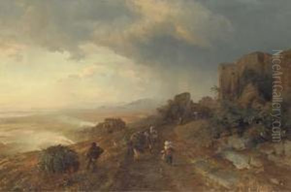 Figures On A Track In An Italian Coastal Landscape - view 1