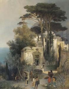 Villagers By A Square In Southern Italy by Oswald Achenbach