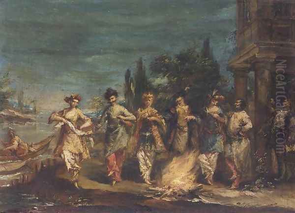 Three Couples in Exotic Dress Dancing in front of a Fire - view 1