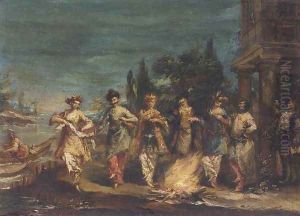 Three Couples in Exotic Dress Dancing in front of a Fire
