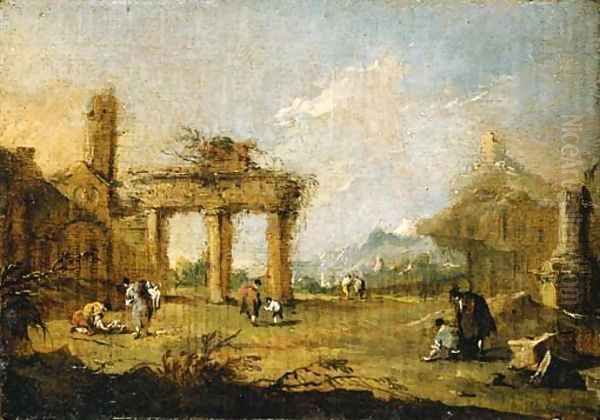 A capriccio of figures amongst ruins, a mountain beyond - view 1