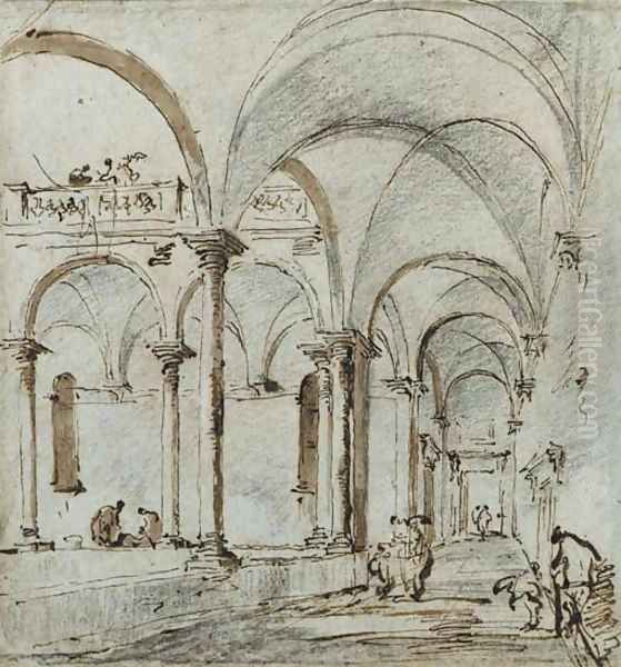 Porticoes in a courtyard, with two figures - view 1