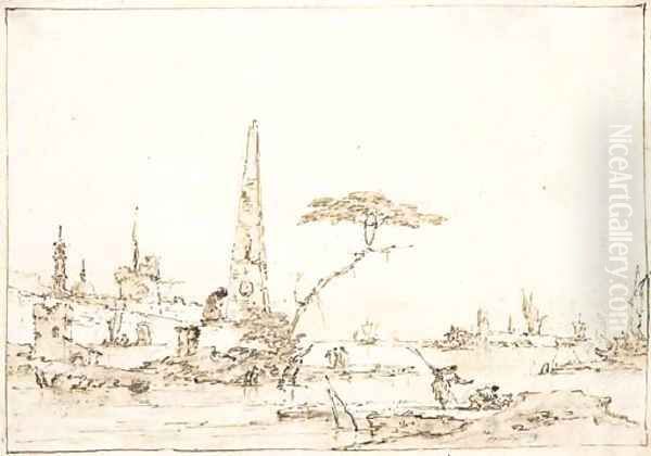 A capriccio of the Venetian Lagoon with an obelisk outside a fortified town, figures in the foreground - view 1
