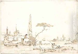 A capriccio of the Venetian Lagoon with an obelisk outside a fortified town, figures in the foreground by Francesco Guardi