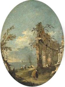 A capriccio of the Venetian lagoon, with figures by classical ruins by Francesco Guardi