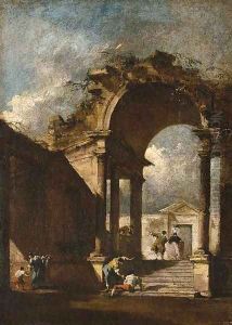 A capriccio with figures amongst classical ruins by Francesco Guardi