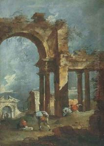 An architectural capriccio with figures in front of a ruined arch, with other ruins beyond by Francesco Guardi