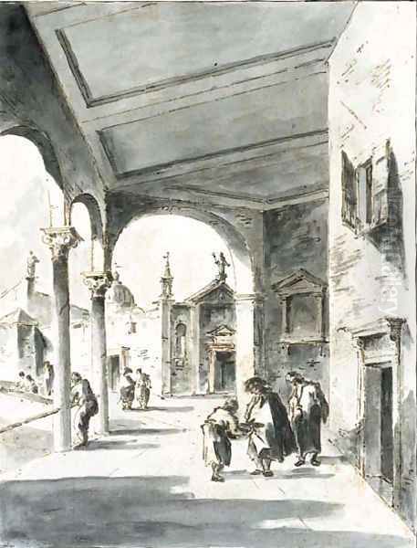 Figures in a loggia near a church - view 1
