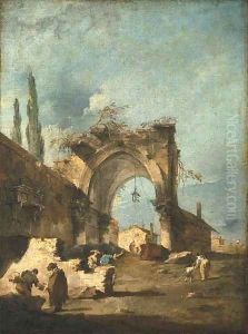 A capriccio of buildings on the laguna with figures by a ruined arch