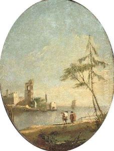 A capriccio of the Venetian lagoon with figures by the shore by Francesco Guardi