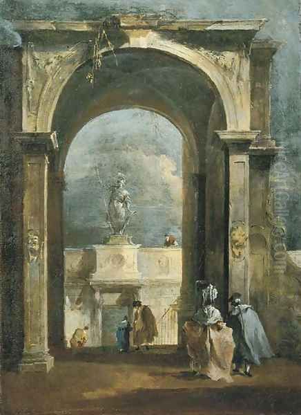 An architectural capriccio with elegant figures and a classical arch, a statue above a portico in the distance - view 1