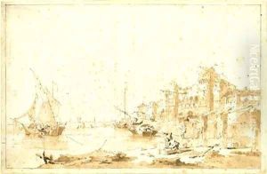 An imaginary view of a Venetian lagoon with a fortress by the shore by Francesco Guardi